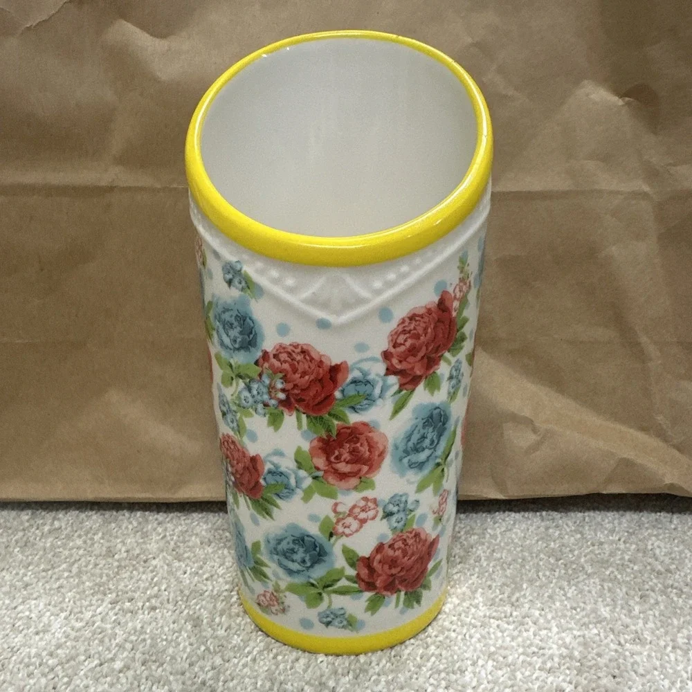 The Pioneer Woman Floral Utensil Holder Vase Stoneware Yellow, Red/Blue 8 Inch.